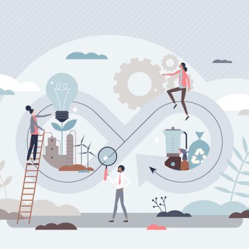 Circular economy manufacturing cycle, sustainable strategy tiny person concept. Optimal reuse of the resources and reduced waste management. Environmental friendly industrial loop for high efficiency.